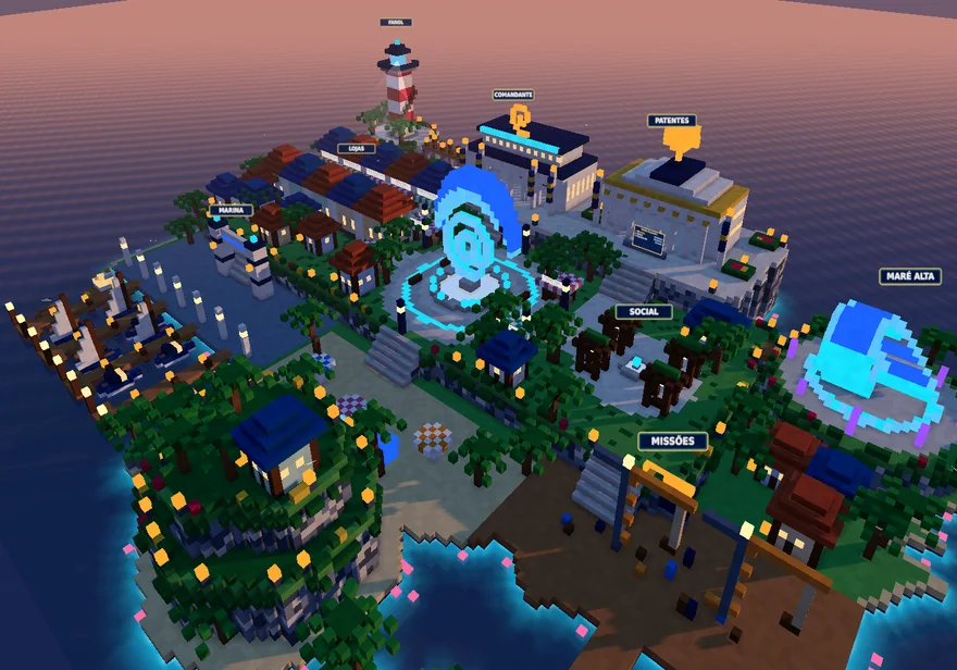 O Porto Acqua: lojas dos navegantes, praça e marina em voxel